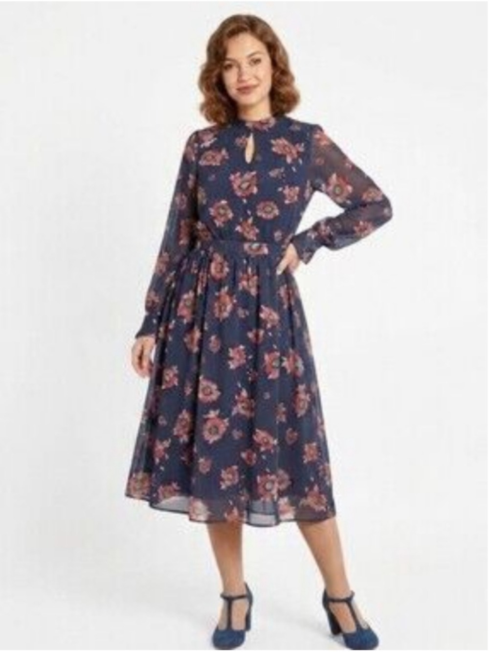 ModCloth Vintage Style Navy Floral Chiffon Long- Sleeve Midi Dress Size Medium